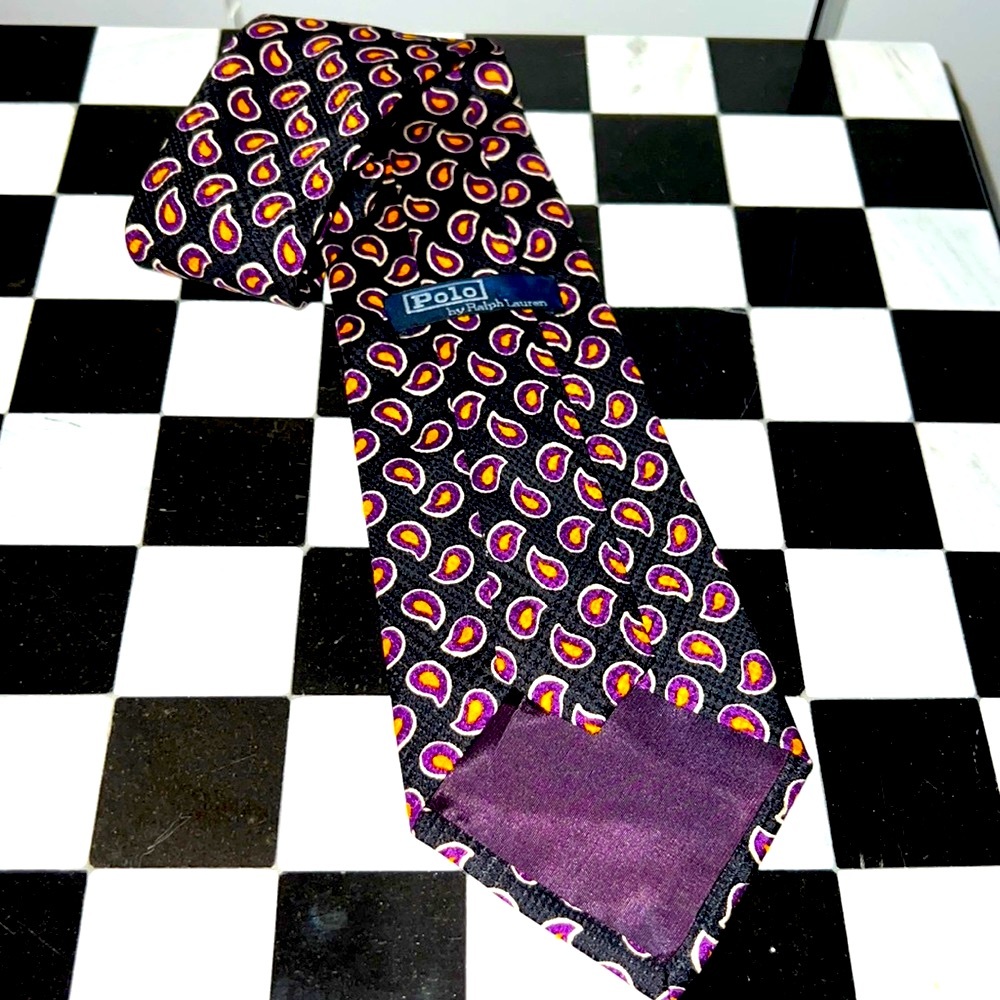 Polo Ralph Lauren Men’s 100% Silk Black Purple & Gold Paisley Necktie - Picture 4 of 4